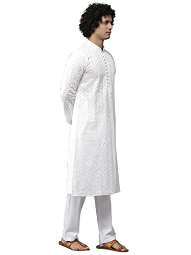 See Designs Cotton Men White Chikankari Embroidered Straight Kurta With Pyjama