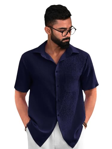 PinkMint Popcorn Shirt for Men ll Textured Shirts for Men ll Stylish Half Sleeve Shirt ll Goa Wear ll Regular Fit Shirt Blue
