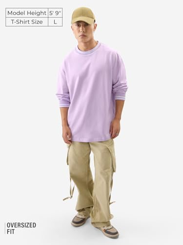 The Souled Store Solids: Pale Purple Men And Boys Round Neck Cotton Oversized Full Sleeve T-Shirts