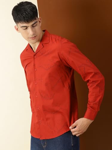 Thomas Scott Mens 100% Cotton Printed Regular Fit Casual Shirt - Orange