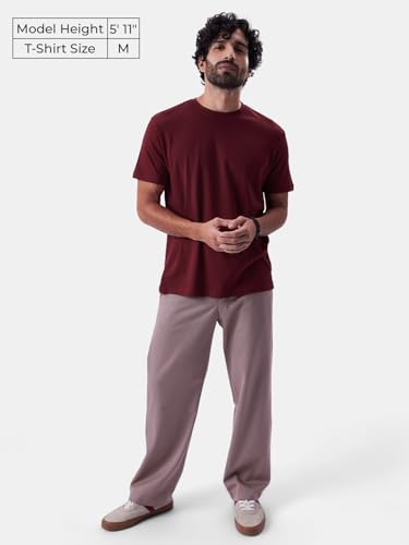 The Souled Store Original: Rhubarb Men and Boys Short Sleeves Round Neck Burgundy Solid Supima Cotton Regular Fit T-Shirts