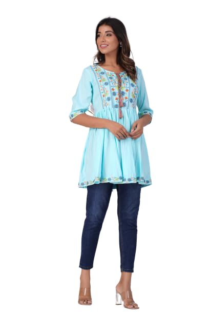 Digital Shopee Rayon Embroidery Short Flair Frock Regular Kurti | Kurta For Women Girls (X-Large, Turquoise)