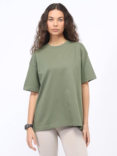 Nobero WomenS Solid Oversized Fit T-Shirt (1W-Twrt-R0040_Olive Green