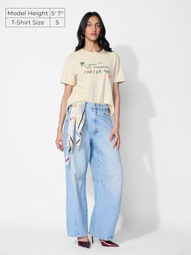 The Souled Store Textured T-Shirt: Far Away Women and Girls Short Sleeves Round Neck Off White Embroidered Cotton Blend Relaxed