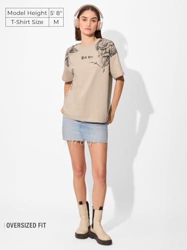 The Souled Store Hell Yes Women and Girls Short Sleeve Round Cotton Oversized T-Shirts Beige