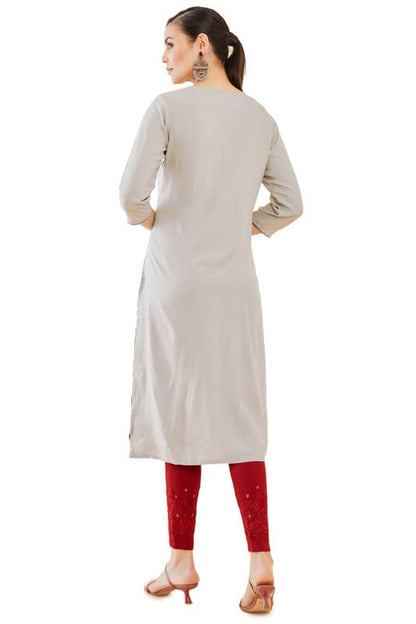 Soch Womens Grey Rayon Embroidered Straight Kurta with Floral Designs and Piping