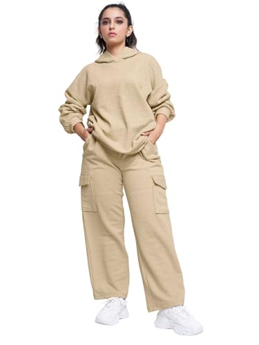 GRECIILOOKS Cotton Regular Woolen Co Ord Hoodie Set for Women Winter Wear | Full Sleeve (GL-W2067&TR1035_Beige
