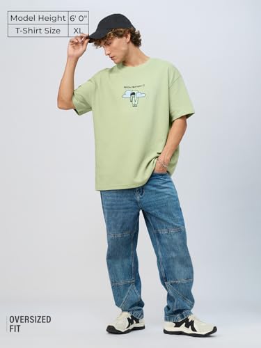 The Souled Store Ottoman: Social Battery Men and Boys Short Sleeves Round Neck Green Embroidered Textured Lightweight Casual Str