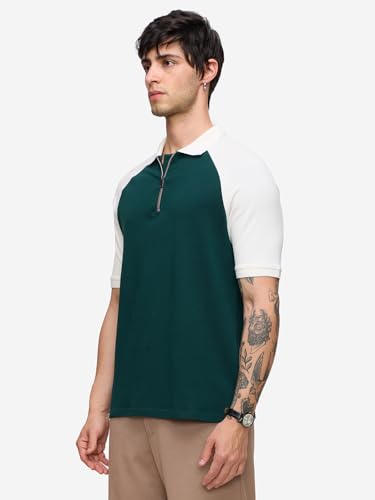 The Souled Store Colourblock Polo: Emerald Edge Men and Boys Short Sleeves Collared Neck Cotton Blend Regular Fit Zipper Polos