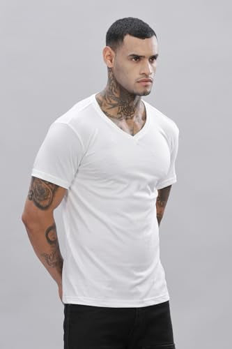 ADRO Men's V Neck Solid Cotton T-Shirt (VN-M-PLN-WH_White)