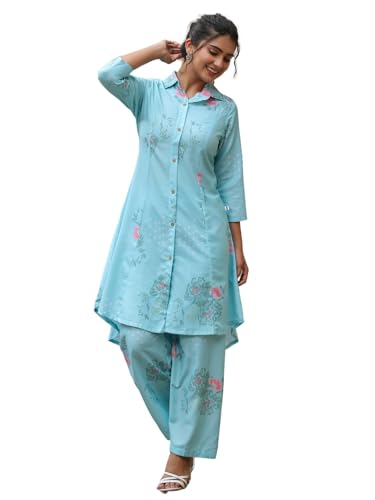 Leriya Fashion Womens Rayon Printed Regular Kurta Set (LF-W2117&TR1080_Blue_M)