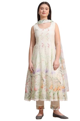 W for Woman Cream Floral Printed Kota Sleeveless Anarkali Kurta, Pants and Dupatta Set