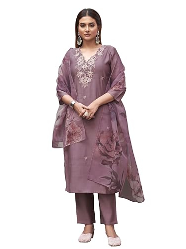 Womanista WomenS Silk Blend Solid Straight Embroidered Kurta Set (Kurtaset_1394_Mauve