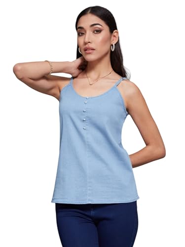 Miss Chase WomenS V-Neck Sleeveless Denim Top (Mcss25Tp98-23-115-06, Blue, Xl)