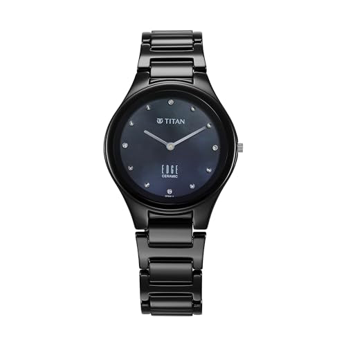 Titan Edge Ceramic Dress With Diamonds Quartz Analog Mother Of Pearl Dial Ceramic Strap Watch For Women-2653Nc02, Black, Modern