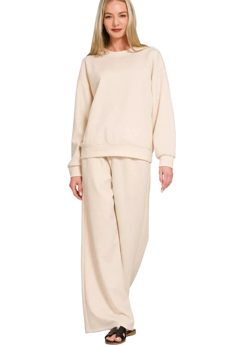 Zenana Scuba Crewneck Pullover and Pants Set