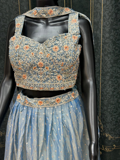 Pastel blue: Tissue silk lehenga Choli set