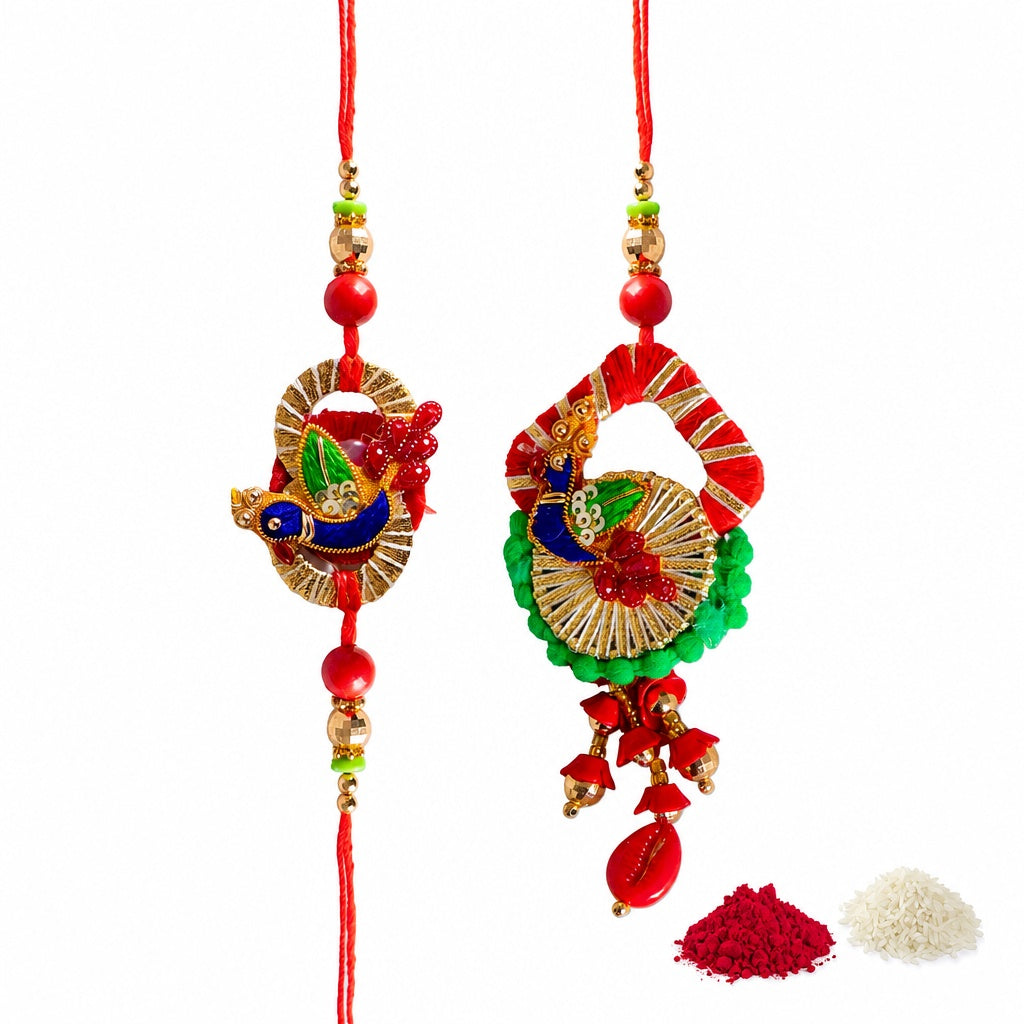 Premium Designer Red Cloth Peacock Design Rakhi Set of 2 for Bhaiya Bhabhi – Traditional Lumba Set, Thread Rakhi with Stones – Ideal Raksha Bandhan Gift