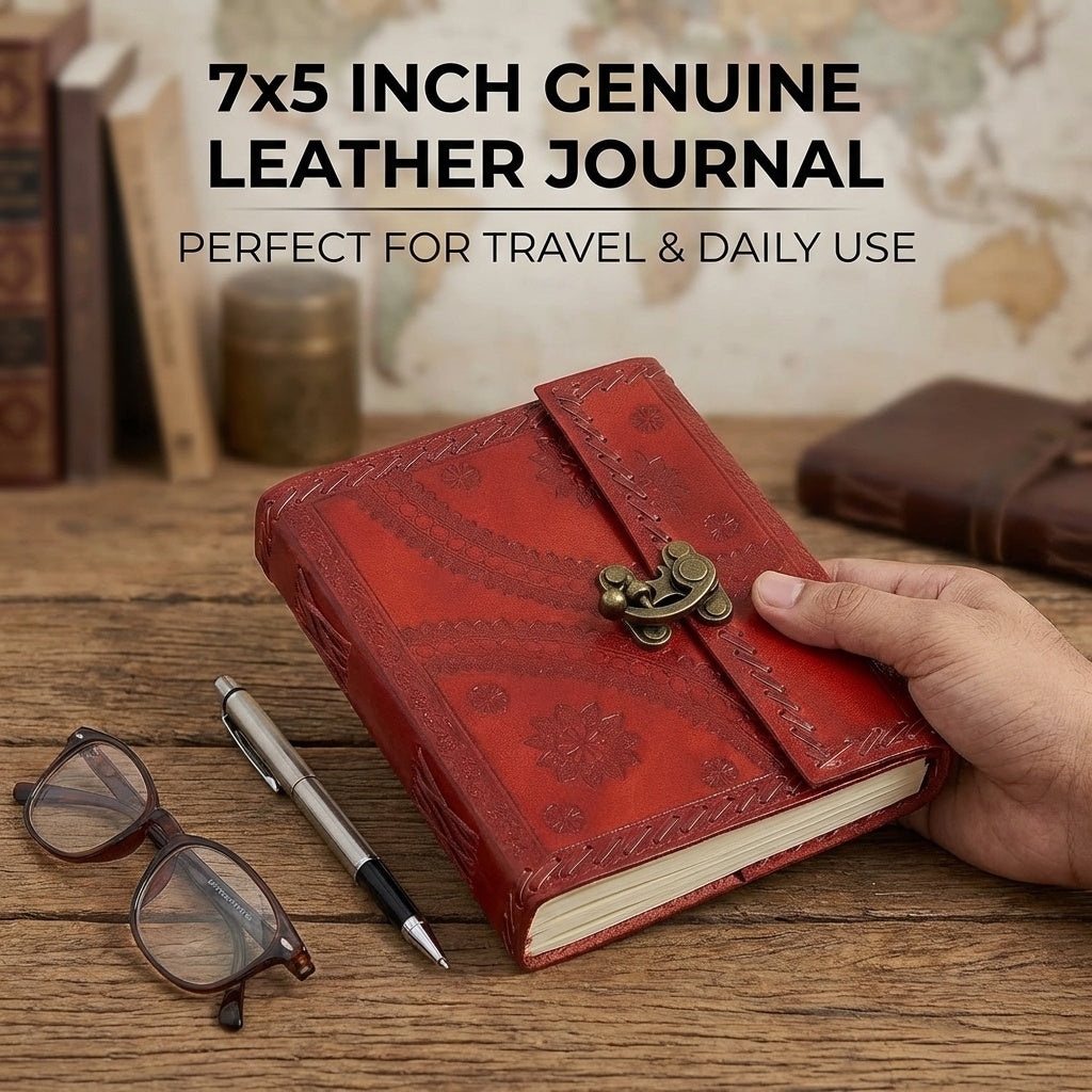 Handmade Leather Travel Journal with Lock-Unlined, 100 Sheets/200 Pages, 7x5 Inches