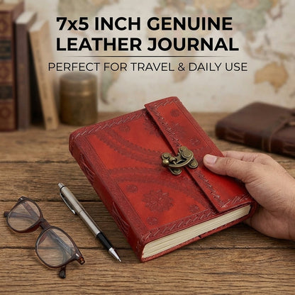 Handmade Leather Travel Journal with Lock-Unlined, 100 Sheets/200 Pages, 7x5 Inches