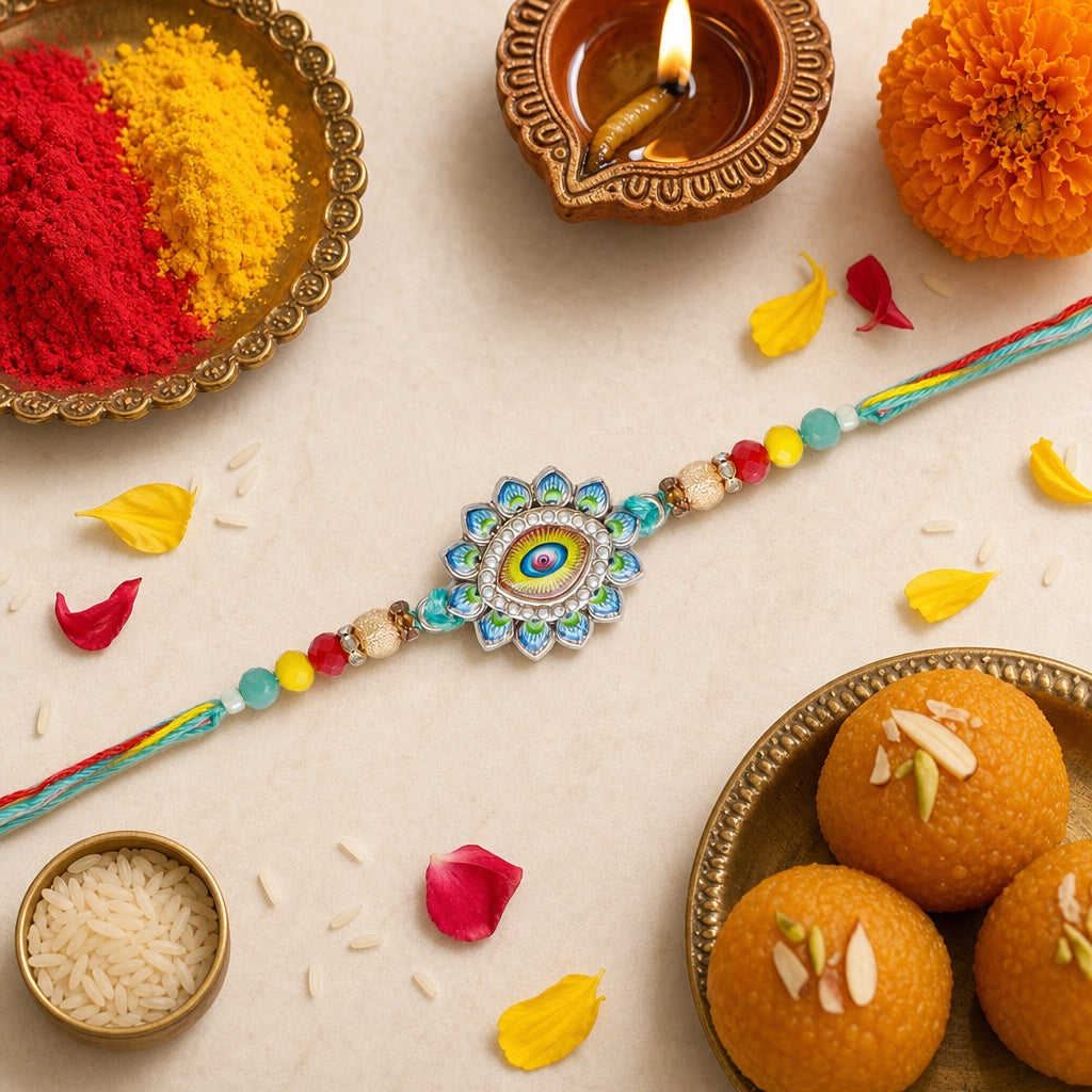 Store Indya Premium Designer Evil Eye Rakhi Set of 2 | for Bhaiya Bhabhi – Traditional Lumba Set, Thread Rakhi with Stones – Ideal Raksha Bandhan Gift