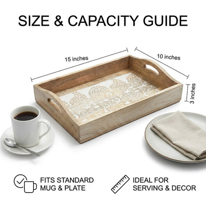 Hand Carved Wooden Breakfast Serving Tray w/ Handle | Kitchen Serve-Ware Accessories | 15x10 | 2050