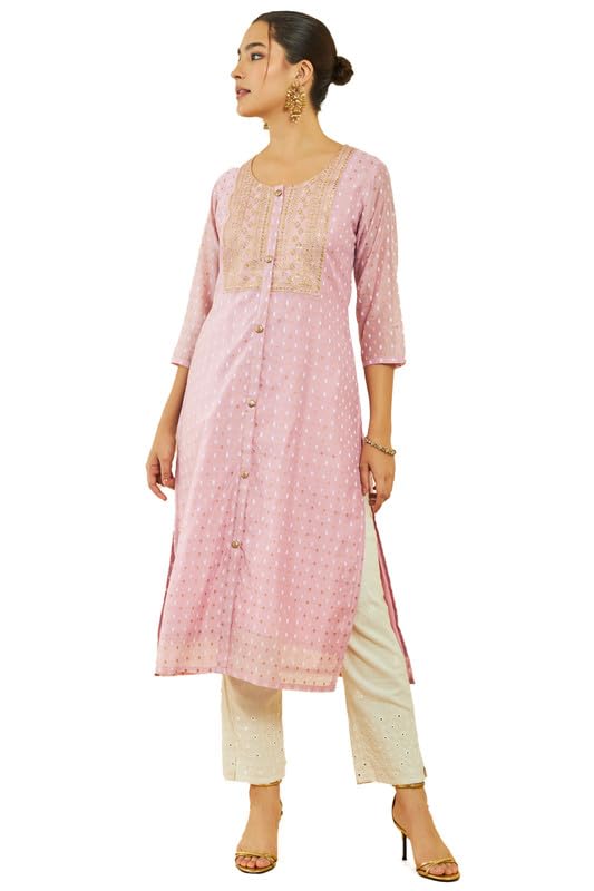 Soch Womens Pink Chanderi Polka-Dot Pattern Straight Kurta With Embroidered Yoke