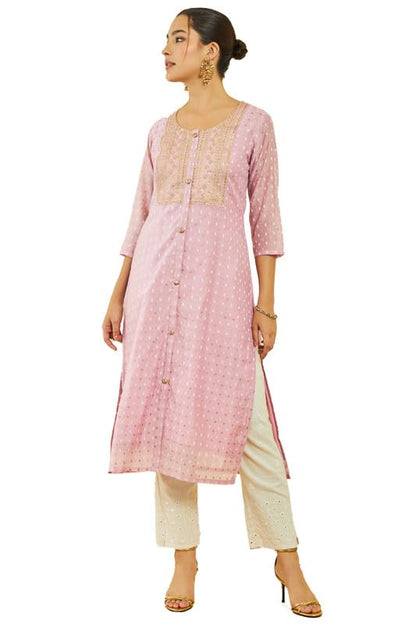 Soch Womens Pink Chanderi Polka-Dot Pattern Straight Kurta With Embroidered Yoke