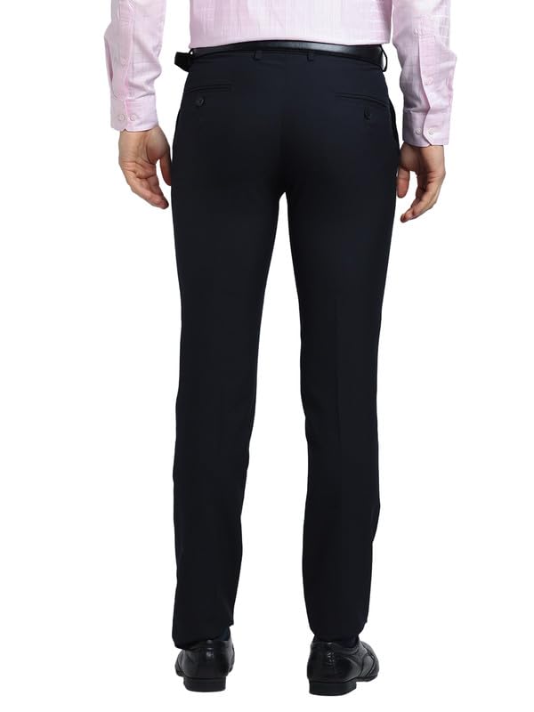 Turtle Men Poly Viscose Navy Solid Slim Fit Formal Trouser