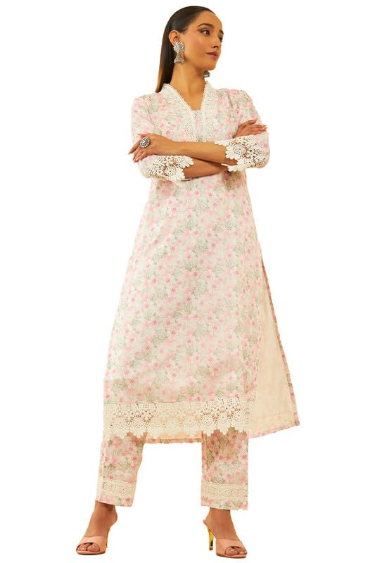 Soch Womens White & Pink Kota Floral Printed Kurta Set With Lace Attached