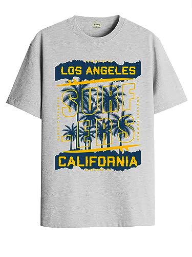 ADRO LA Surfers California Printed T-Shirt for Men - 100% Cotton, Regular Fit, Soft Breathable Fabric. (RN23-M-SRF-GR_Grey_XL)