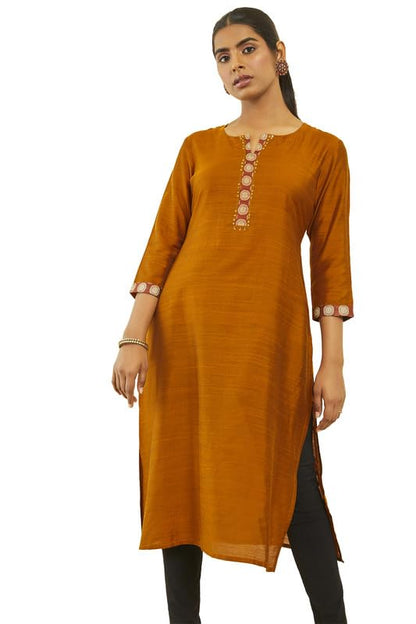 Soch Womens Mustard Silk Blend Straight Kurta With Sequin Details