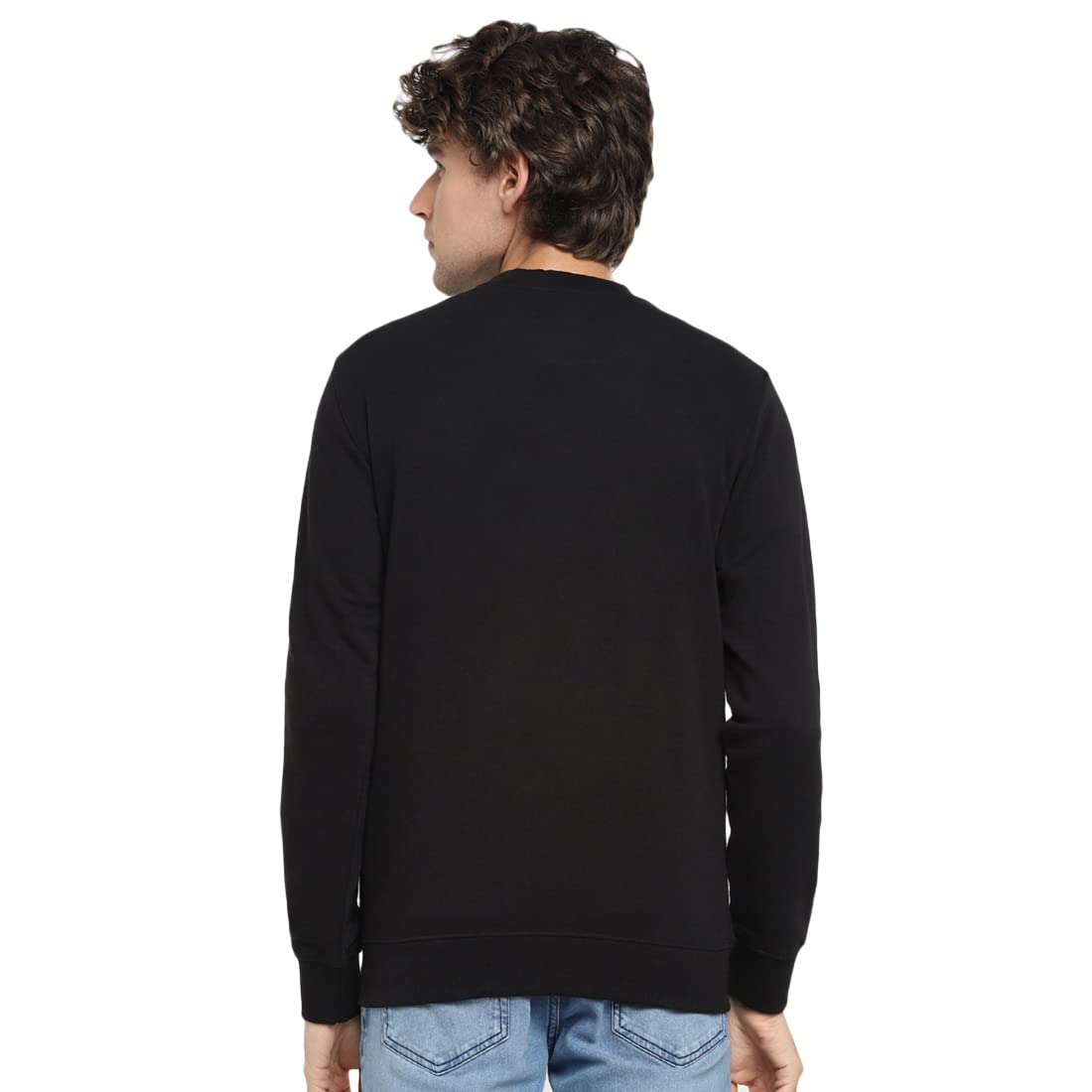 Bewakoof Mens Solid Regular Fit Full Sleeve Round Neck Unbrushed Fleece Sweatshirt Black