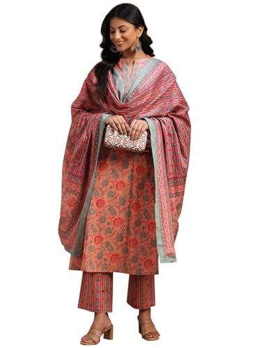 Libas Womens Printed Cotton A-Line Kurta With Trousers And Dupatta