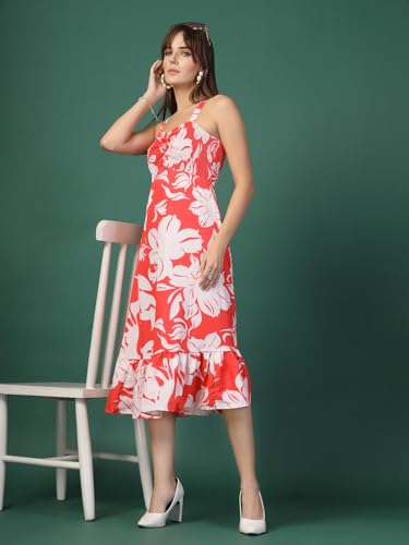 OOMPH! Womens Western & Fusion wear Printed Crepe Dress for Women, Smocked Bodice, Red - md1050