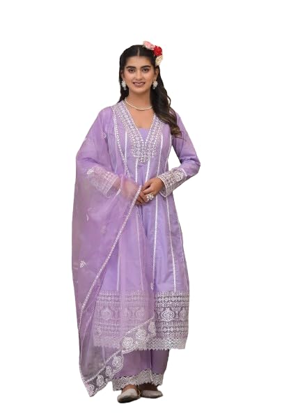 Varanga Women Lavender V-Neck Embroidered, Cotton Lace Detailed Anarkali Kurta Paired with Palazzo & Embroidered Dupatta
