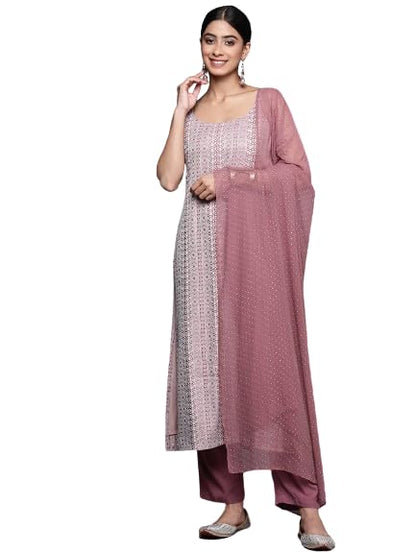 Varanga Women Mauve Embroidered Kurta Paired With Solid Tonal Bottom And Chiffon Dotted Dupatta