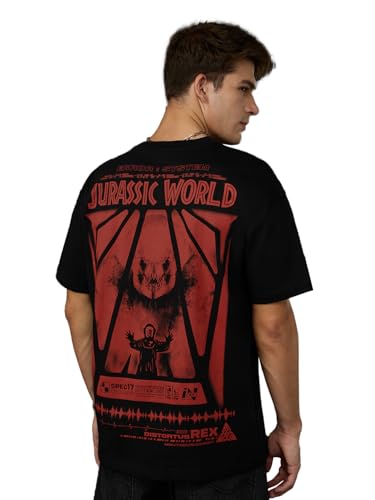The Souled Store Jurassic World: Error Men and Boys Short Sleeves Round Neck Black Graphic Printed Cotton Breathable Lightweight