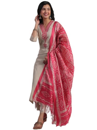 GoSriKi Womens Rayon Blend Embroidered Straight Kurta with Pant & Dupatta (Jankari Pink-NSW-GS_5XL_Pink_XXXXX-Large)