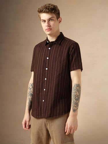 Dennis Lingo MenS Maroon Polycotton Spread Collar Short Sleeves Striped Shirts