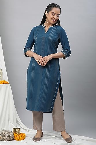 Aurelia Blue Striped Cotton Poly Blend Lace Kurta For Women