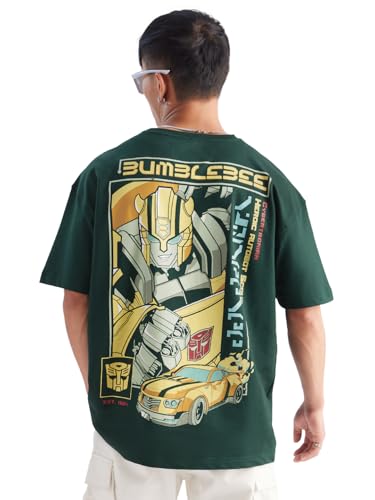 The Souled Store Transformers: Bumblebee Mens & Boys Oversized Fit Graphic Printed Half Sleeve Cotton Green Oversized T-Shirts M