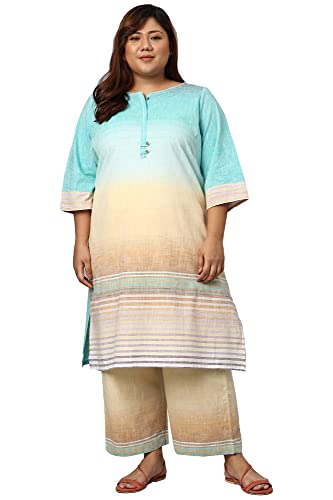 Aurelia Women Plus Size Blue Textured Cotton Kurta With Yellow Pants