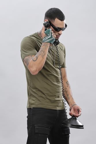 ADRO Men's V Neck Solid Cotton T-Shirt (VN-M-PLN-OL_Olive)