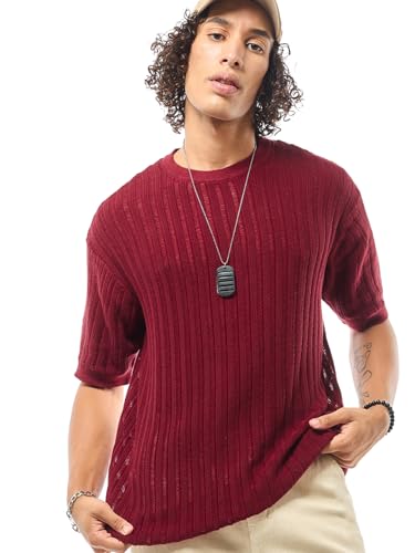 Bewakoof Mens Textured Oversized Fit Half Sleeve Round Neck Cotton T-Shirt_633512_Maroon_L
