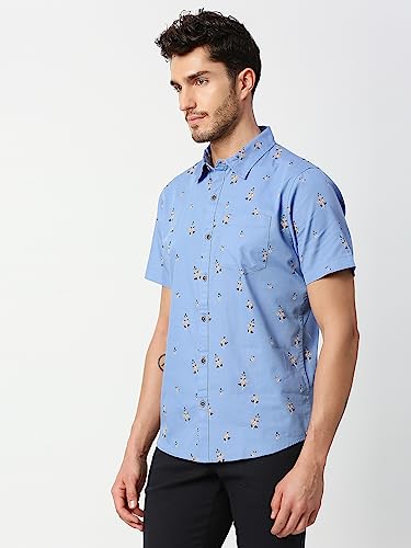 Thomas Scott Mens Printed Slim Fit 100% Cotton Casual Shirt with Spread Collar and Half Sleeve Blue