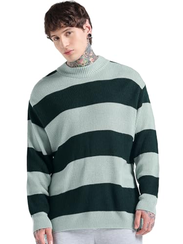 Bewakoof MenS Striped Oversized Fit Full Sleeve Round Neck Acrylic Sweater_680220_Green_M