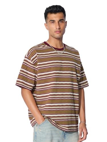 The Souled Store Textured Stripes: Urban Sands Men and Boys Short Sleeve Round Neck Cotton Blend Brown Oversized T-Shirts