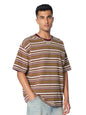 The Souled Store Textured Stripes: Urban Sands Men and Boys Short Sleeve Round Neck Cotton Blend Brown Oversized T-Shirts
