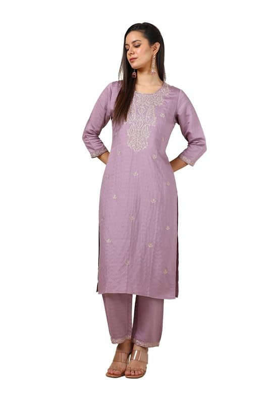 Soch Womens Purple Muslin Blend Woven Design Kurta Set With Thread Work